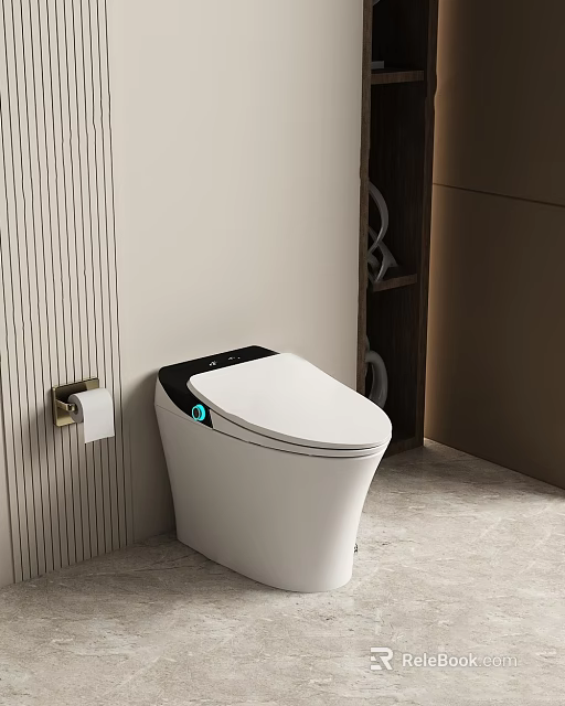 Modern Smart Toilet With White And Black Design Near Striped Wall And Toilet Paper Holder 3d model 
