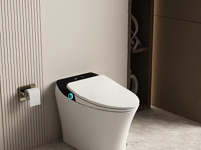 Modern Smart Toilet With White And Black Design Near Striped Wall And Toilet Paper Holder 3d model