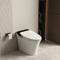Modern Smart Toilet With White And Black Design Near Striped Wall And Toilet Paper Holder