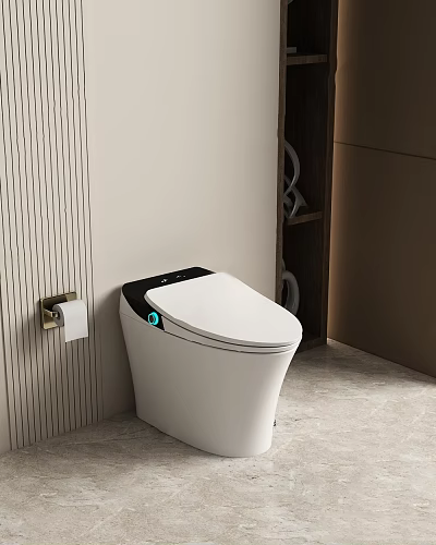 Modern Smart Toilet With White And Black Design Near Striped Wall And Toilet Paper Holder 3d model