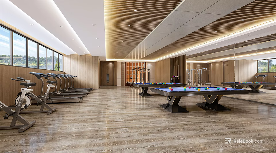 Modern Fitness Gym Interior With Treadmills Billiards Tables And Wooden Decor 3d model 
