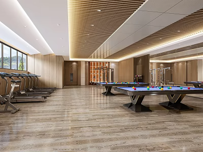Modern Fitness Gym Interior With Treadmills Billiards Tables And Wooden Decor 3d model