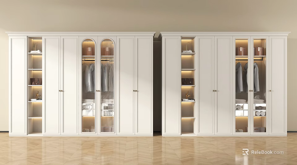 Modern White Wardrobe With Glass Doors Interior Lighting And Storage Shelves 3d model 