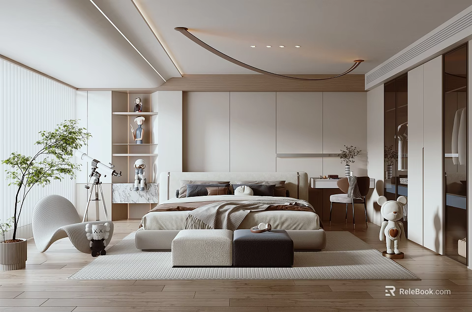 Modern Bedroom Interior With Soft Lighting Comfortable Bed Area Rug And Plants 3d model 