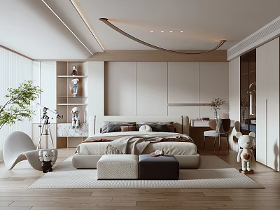 Modern Bedroom Interior With Soft Lighting Comfortable Bed Area Rug And Plants 3d model