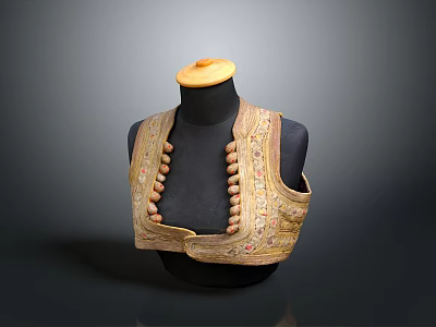 Gold Embroidered Vest With Beaded Decorations On Black Mannequin And Yellow Cap 3d model