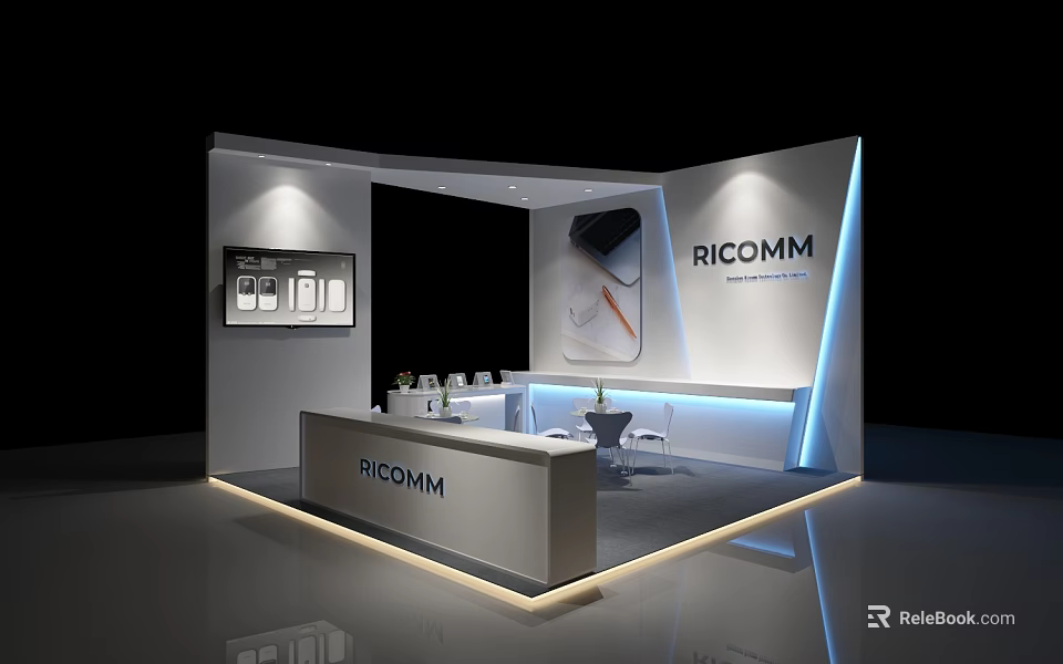 RICOMM Modern Exhibition Booth With Product Display Reception Desk And Interior Lighting 3d model 