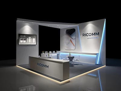 RICOMM Modern Exhibition Booth With Product Display Reception Desk And Interior Lighting 3d model
