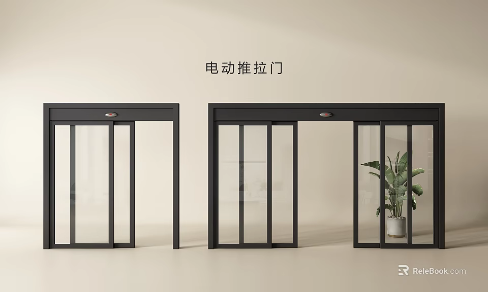 Sleek Electric Sliding Door Design With Glass Panels Black Frame And Indoor Plant 3d model 