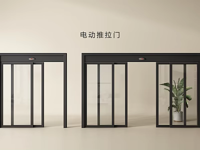 Sleek Electric Sliding Door Design With Glass Panels Black Frame And Indoor Plant 3d model