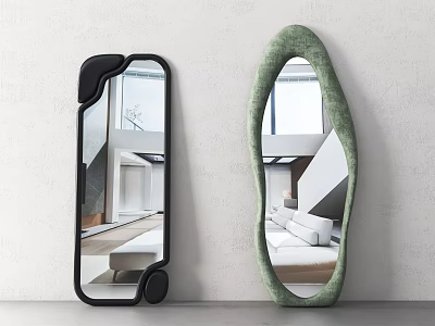 Modern Unique Shaped Mirrors With Black And Green Frames Reflecting Interior On White Wall 3d model