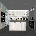 Modern Light Green Kitchen Interior With White Island Counter Appliances And Window Blinds