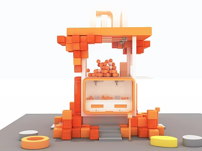 Colorful Orange Block Art Installation With Stacked Structure Display Cabinet And Circular Elements 3d model