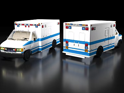 White Ambulance Vehicle With Blue Stripes And Emergency Lights Front Rear Views 3d model