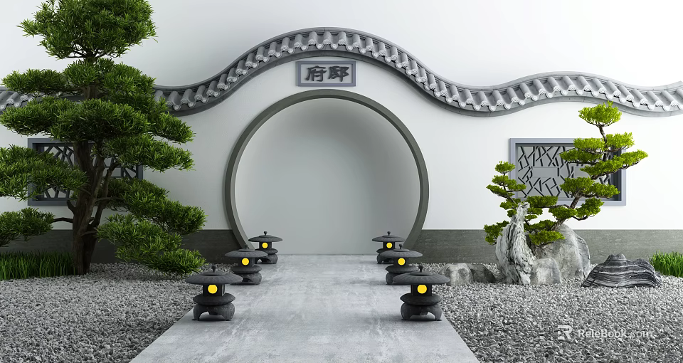 Traditional Chinese Circular Archway In Garden With Lanterns And Pines 3d model 