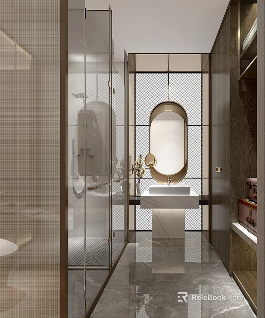 Modern Hotel Bathroom Interior With Oval Mirror Marble Sink And Glass Shower Partition 3d model 