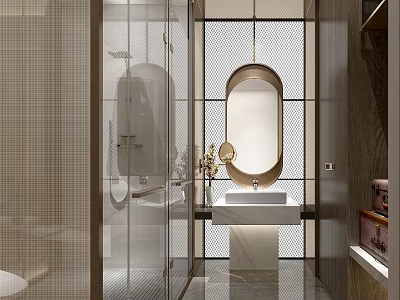 Modern Hotel Bathroom Interior With Oval Mirror Marble Sink And Glass Shower Partition 3d model