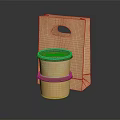 Decorative Ornament Set with Paper Bag and Stacked Paper Cups White Lids on Black Background