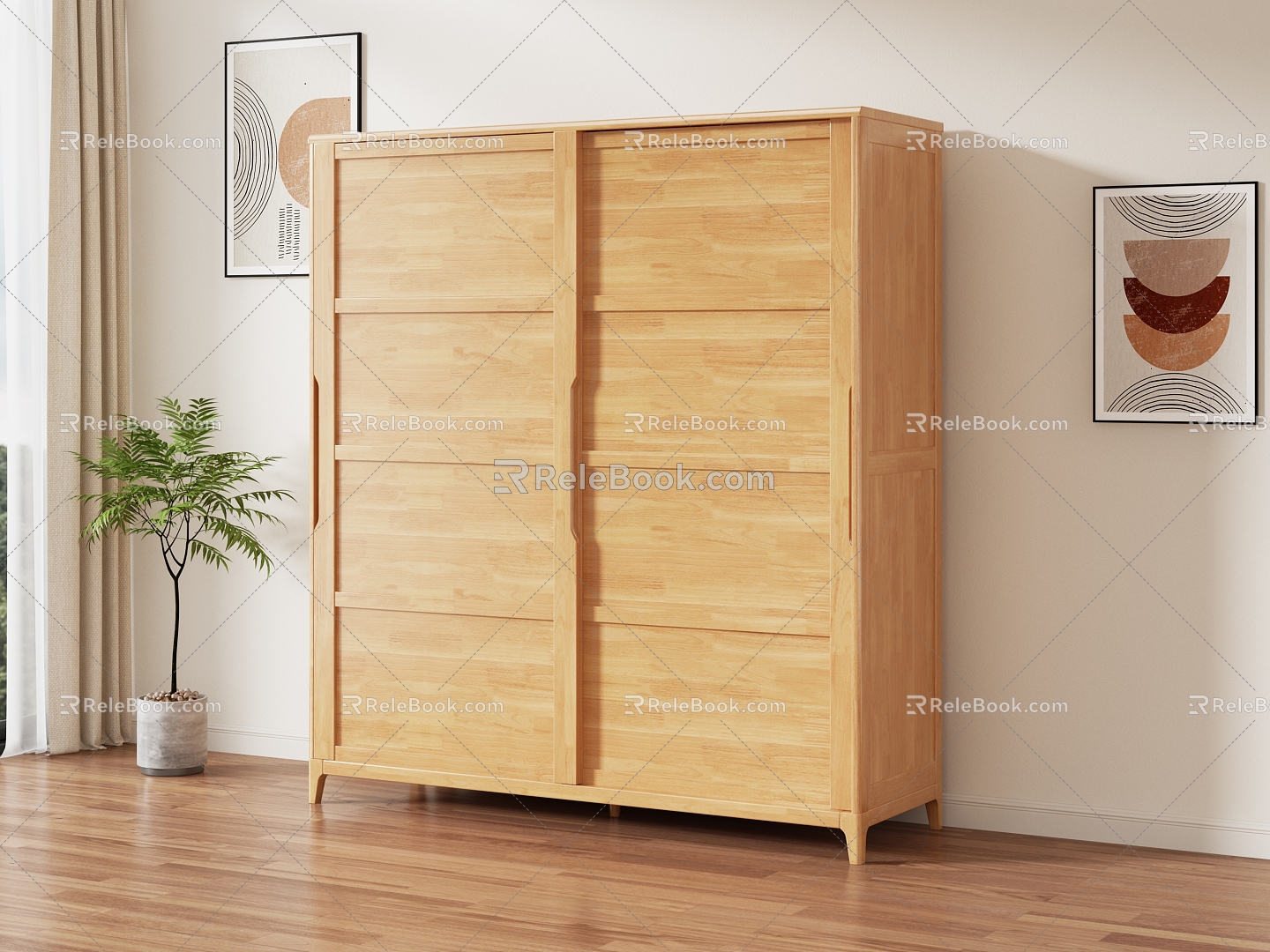 Nordic Log Two-door Wardrobe Bedroom Home Cabinet 3d model