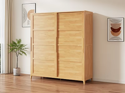 Light Wood Sliding Door Wardrobe In Minimalist Room With Wooden Floor And Wall Art 3d model
