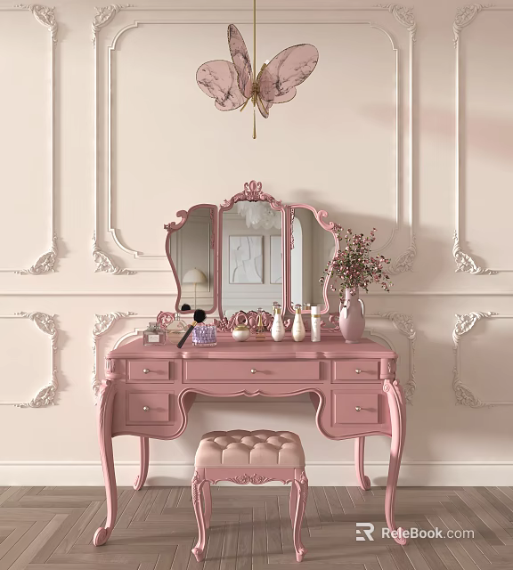Elegant Pink Dressing Table With Ornate Mirror Stool Cosmetics And Decorative Wall Panels 3d model