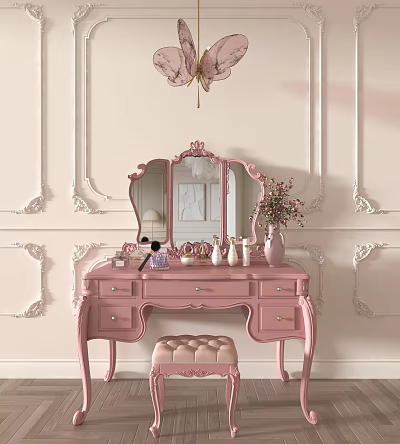 Elegant Pink Dressing Table With Ornate Mirror Stool Cosmetics And Decorative Wall Panels 3d model