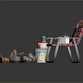 Outdoor Bonfire With Red White Striped Chair And Metal Canister Nearby