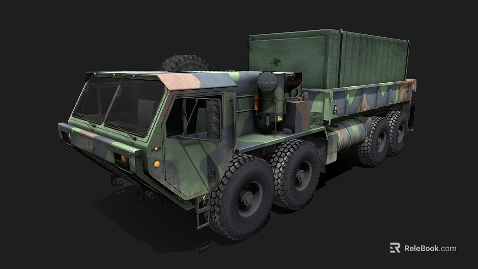 Military Camouflage Cargo Truck With Large Multi Wheel Design And Cargo Container 3d model 