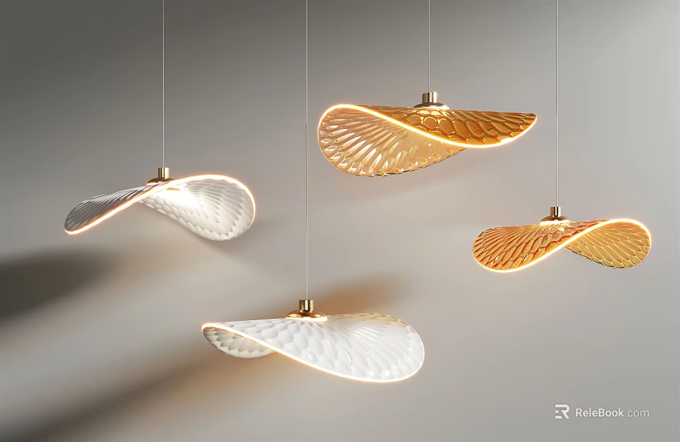 Modern Wave Shaped Textured Chandeliers in White and Gold for Interior Decor 3d model 