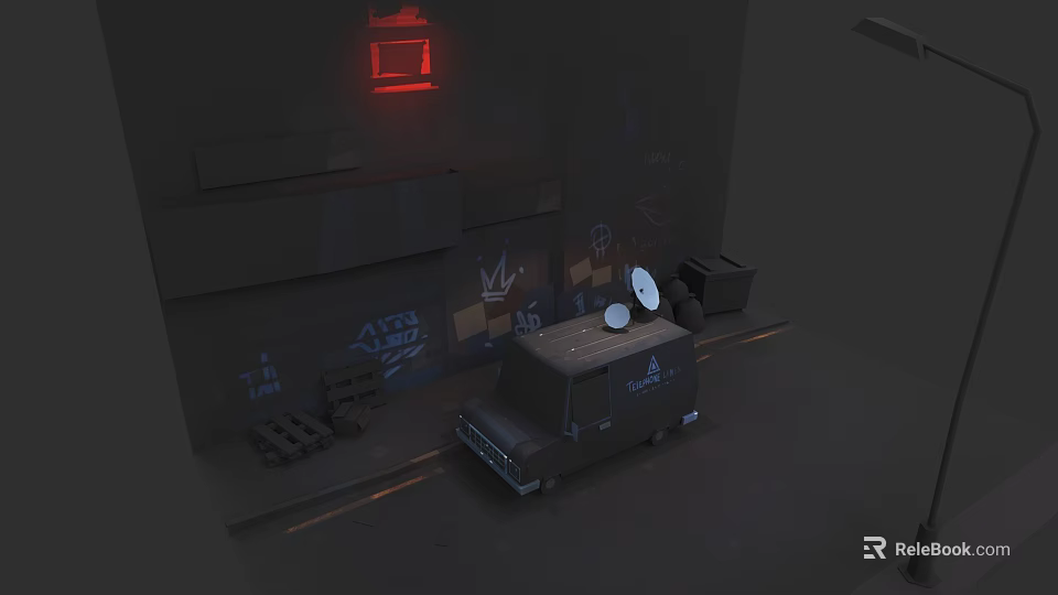Van With Satellite Dish Parked By Graffiti Wall Pallets And Crates 3d model 