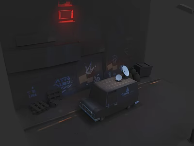 Van With Satellite Dish Parked By Graffiti Wall Pallets And Crates 3d model