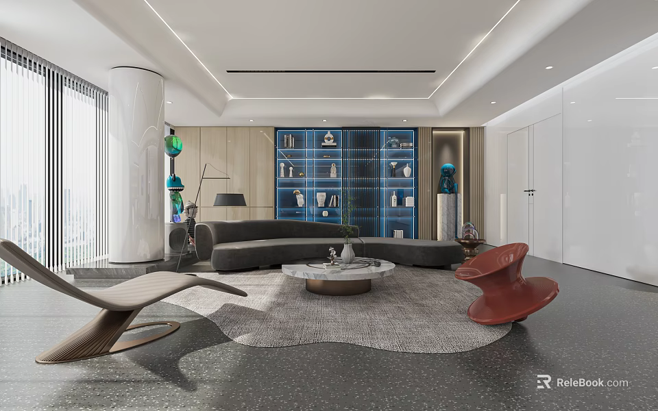 Modern Elegant Lounge Area With Curved Sofa Round Coffee Table And Blue Bookshelves 3d model 