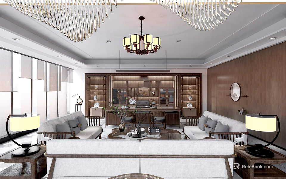 Modern Office Interior With Sofa Bookshelf Chandelier And Meeting Table Setup 3d model