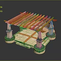 Garden Landscape with Pergola Orange Lattice Roof White Columns Stone Slab Floor and Green Lawn