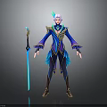 Fantasy Character And Mythical Creature With Blue Gold Armor Feathered Details And Glowing Sword