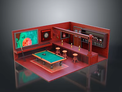 Recreation Room Setup With Pool Table Dartboard And Bar Counter Equipment 3d model