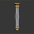 Sleek Metallic Weapon With Silver Body Gold Accents Red Detail And Flared Top Design