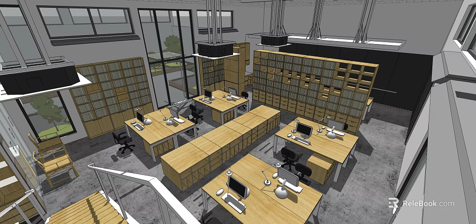 Public Office Space With Wooden Desks Computers Bookshelves Hanging Lights And Open Layout 3d model 