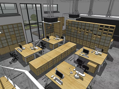 Public Office Space With Wooden Desks Computers Bookshelves Hanging Lights And Open Layout 3d model