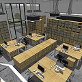 Public Office Space With Wooden Desks Computers Bookshelves Hanging Lights And Open Layout