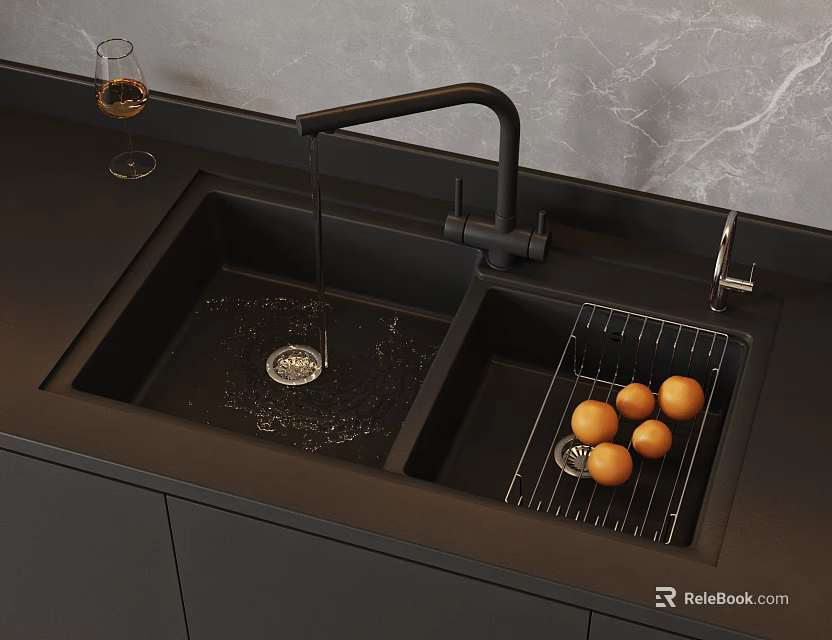 Black Double Bowl Kitchen Sink With Faucet Drying Rack And Oranges 3d model 