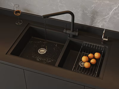 Black Double Bowl Kitchen Sink With Faucet Drying Rack And Oranges 3d model