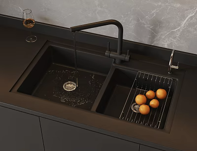 Black Double Bowl Kitchen Sink With Faucet Drying Rack And Oranges 3d model