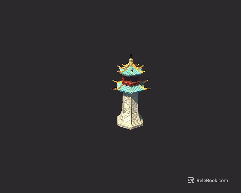 Ornate Ancient Weapon Tower Featuring Golden Accents Blue Roof And White Base 3d model 