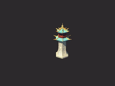 Ornate Ancient Weapon Tower Featuring Golden Accents Blue Roof And White Base 3d model