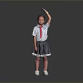 Woman in School Uniform with Red Scarf Standing Against Gray Background Raising Right Hand