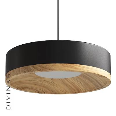 Contemporary Circular Pendant Light Featuring Black Frame And Wooden Minimalist Design 3d model