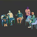Colorful Human Figures Sitting On Blue Chairs In Gray Background With Reflective Floor