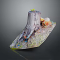 Wooden Stone Decorative Art With Tree Stump Small Sprout And Mossy Stones