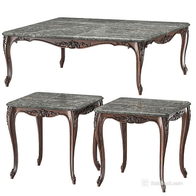 Classic Coffee Table Set Including Large And Small Tables With Marble Top And Carved Legs 3d model 